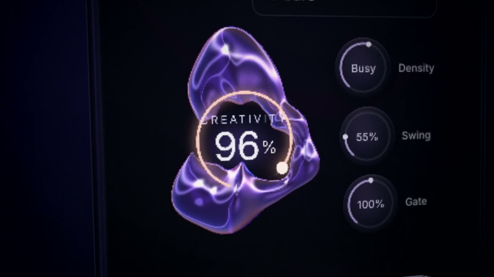 The Creativity orb at 96% next to the Density, Swing and Gate knobs